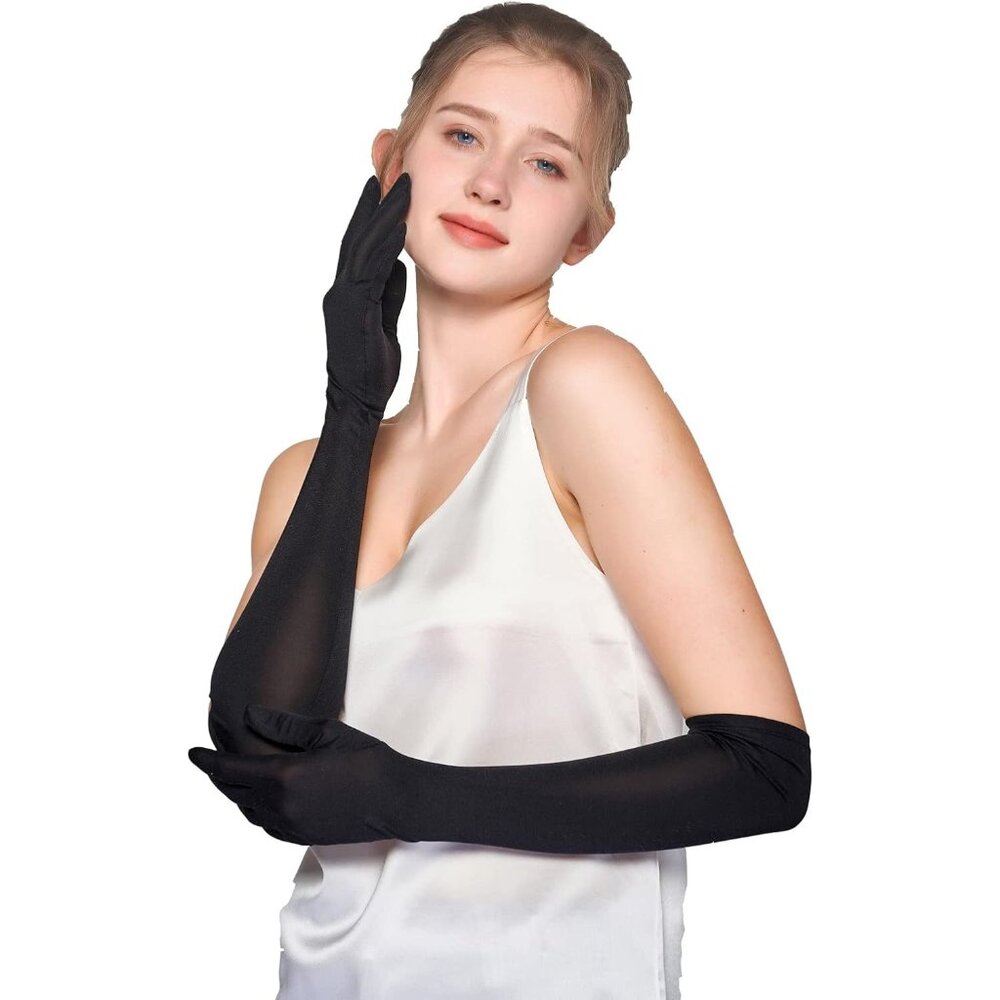 Women's Evening Black Pure Silk Elbow Length Satin Long Gloves Opera Party Prom - Picture 3 of 5